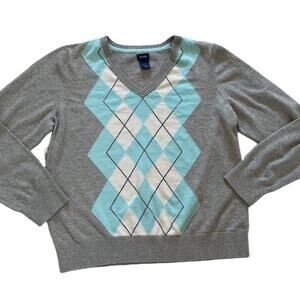 IZOD Cotton Argyle Long Sleeve V-Neck Sweater, Pastel Blue, Gray, Y2K, Preppy XL